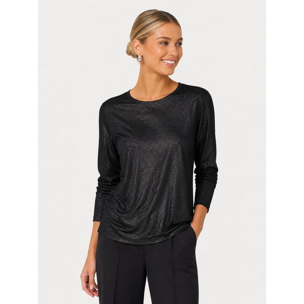 Chicos Metallic Shimmer Top Sweater Black Long Sleeve Crew Neck 1 US M NWT New